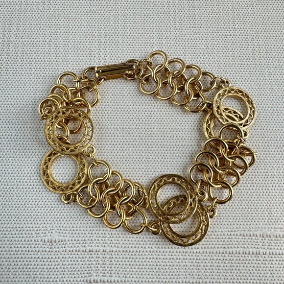 Vintage Gold-Tone Circle Link Bracelet With Filigree Detail 6.75" Long - Picture 9 of 9